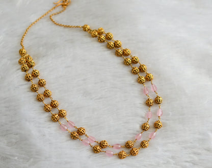 Antique gold tone baby pink beaded double layer mala dj-46835