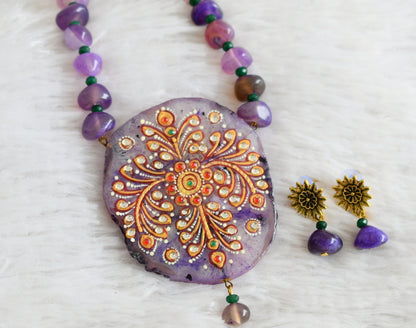 Hand painted flower sliced agate pendant with purple-green onyx beaded necklace set dj-48588