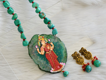 Hand painted lakshmi sliced agate pendant with green-red onyx beads necklace set dj-45179