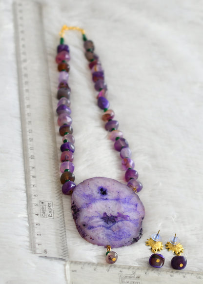 Hand painted flower sliced agate pendant with purple-green onyx beaded necklace set dj-48588