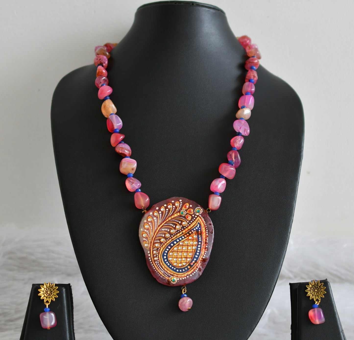 Hand painted flower sliced agate pendant with pink-blue onyx beaded  necklace set dj-48587