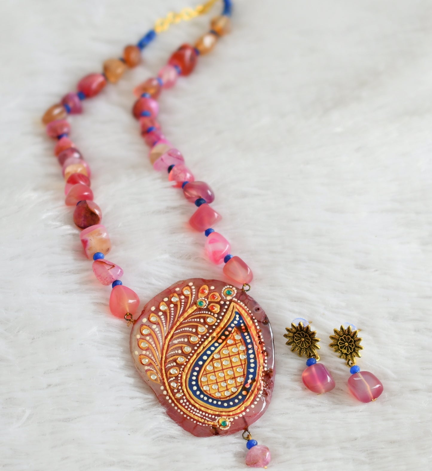 Hand painted flower sliced agate pendant with pink-blue onyx beaded  necklace set dj-48587