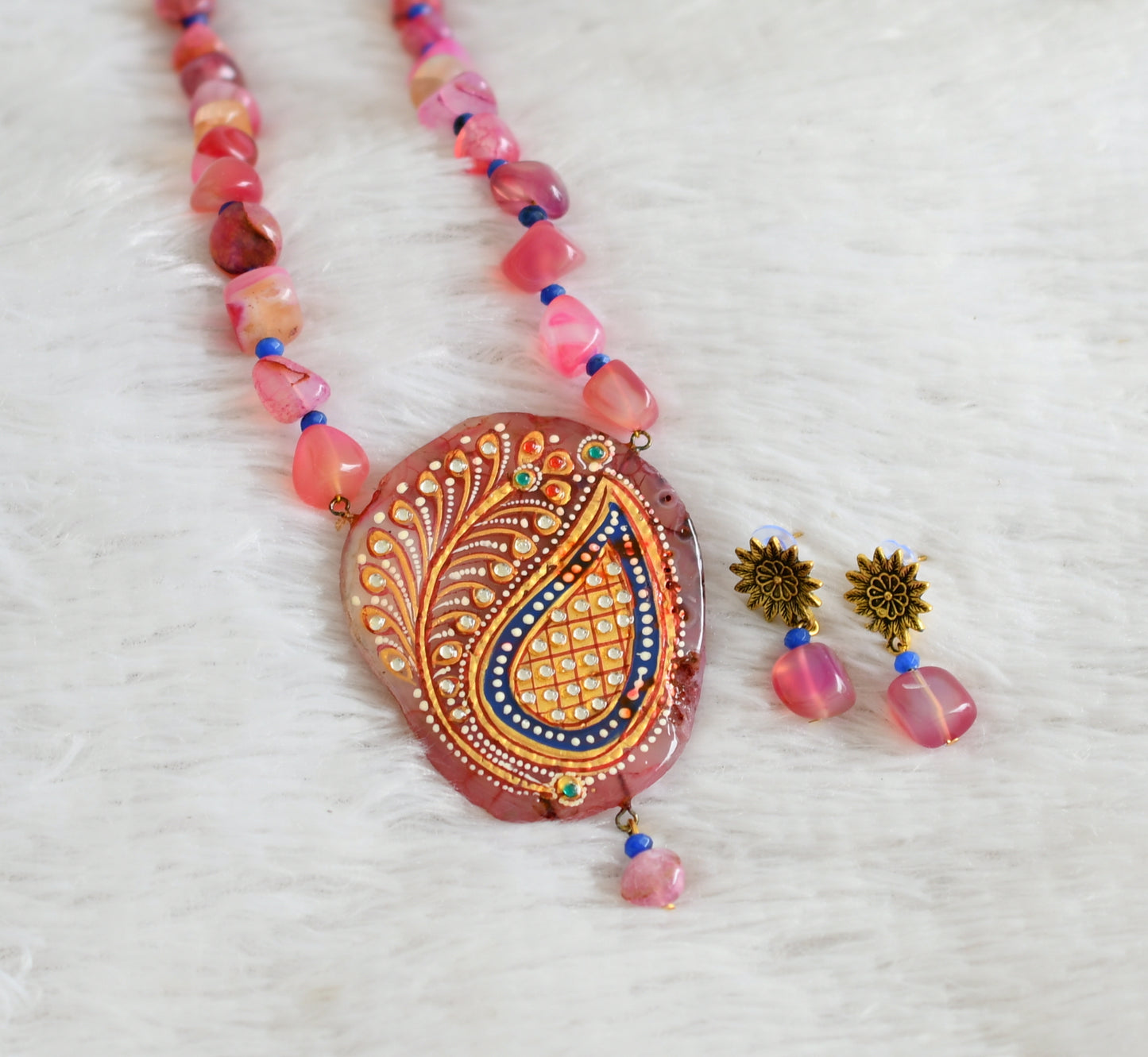 Hand painted flower sliced agate pendant with pink-blue onyx beaded  necklace set dj-48587