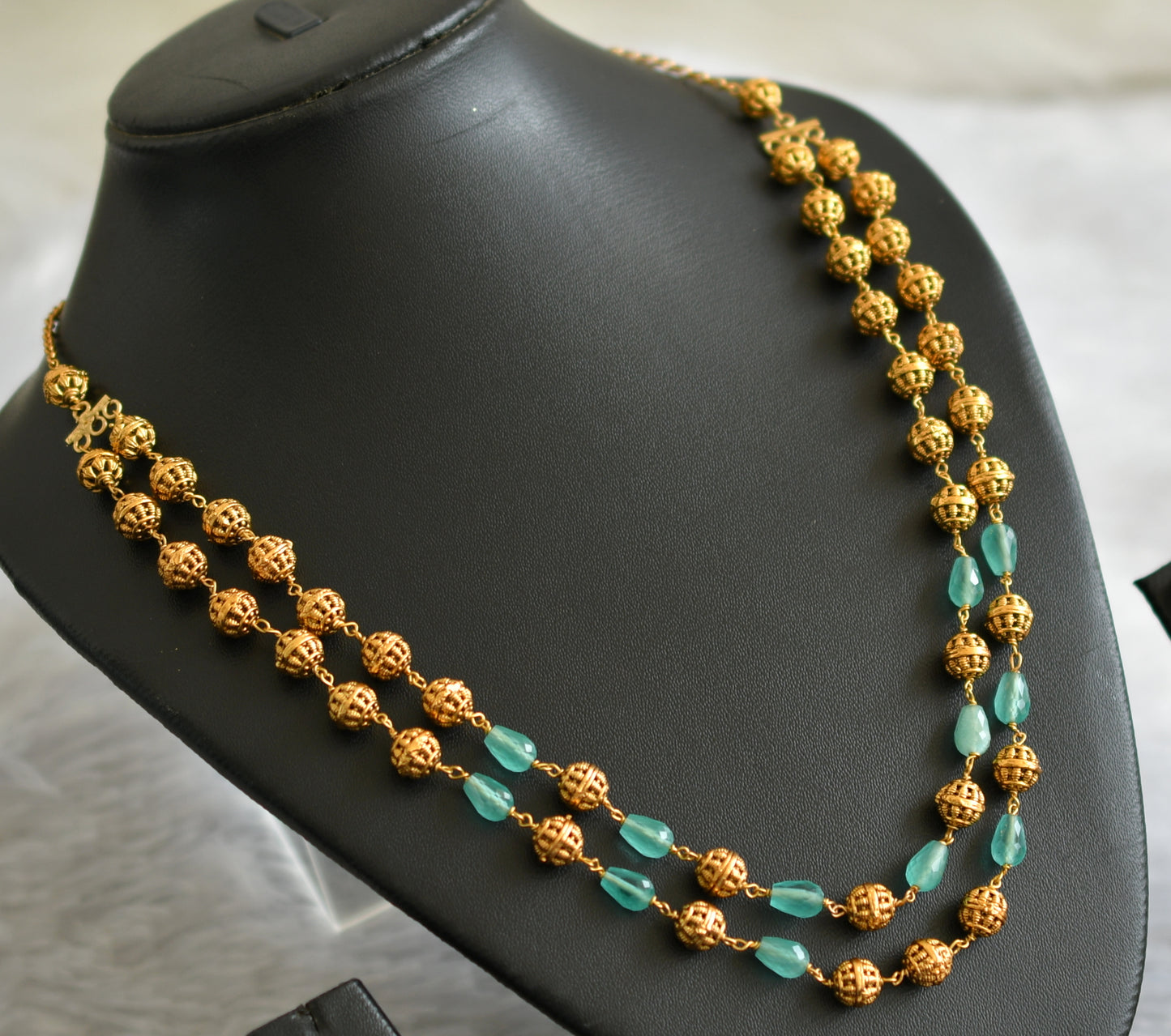 Antique gold tone sea green beaded double layer mala dj-46834