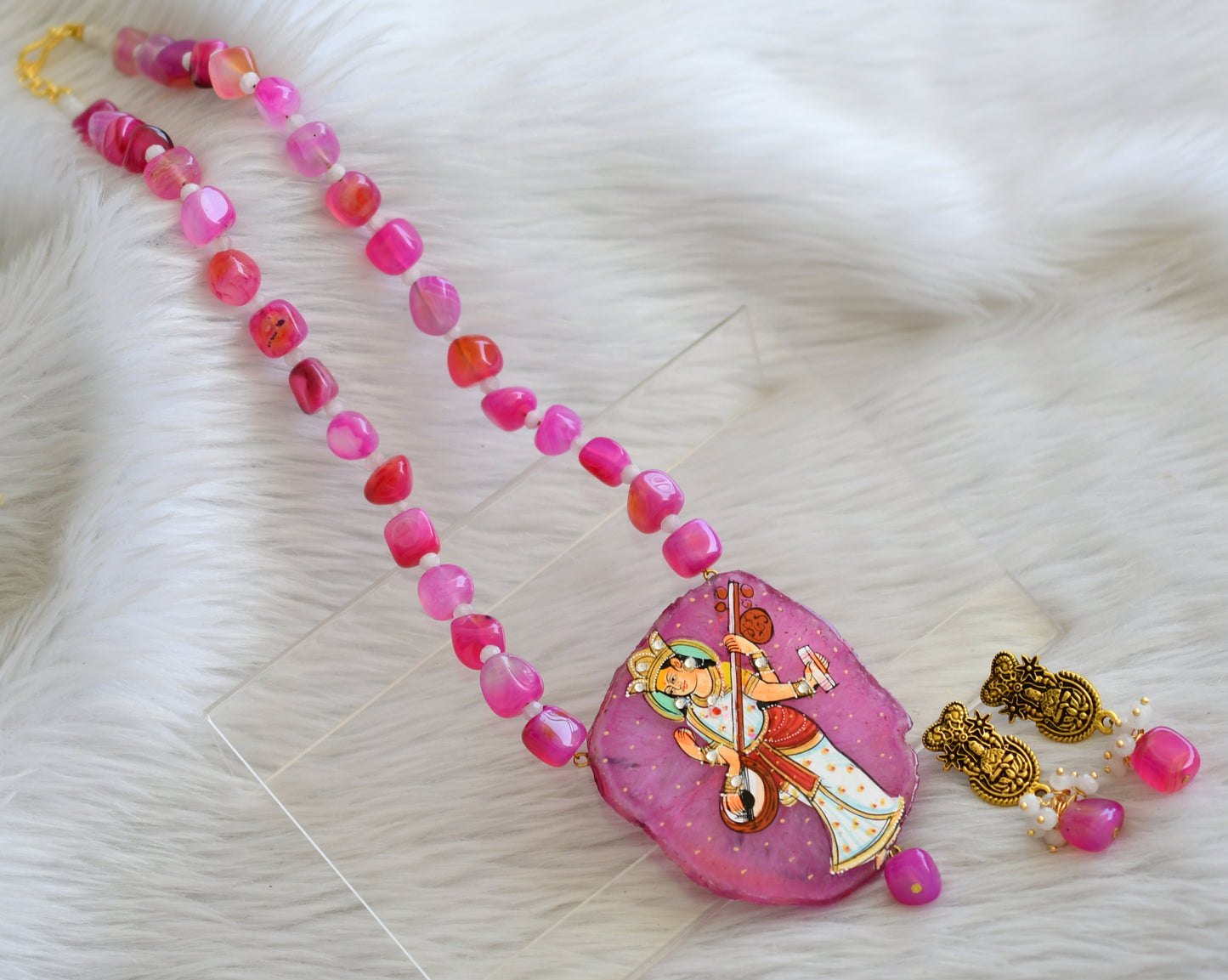 Hand painted saraswathi sliced agate pendant with pink-white onyx beads necklace set dj-45189