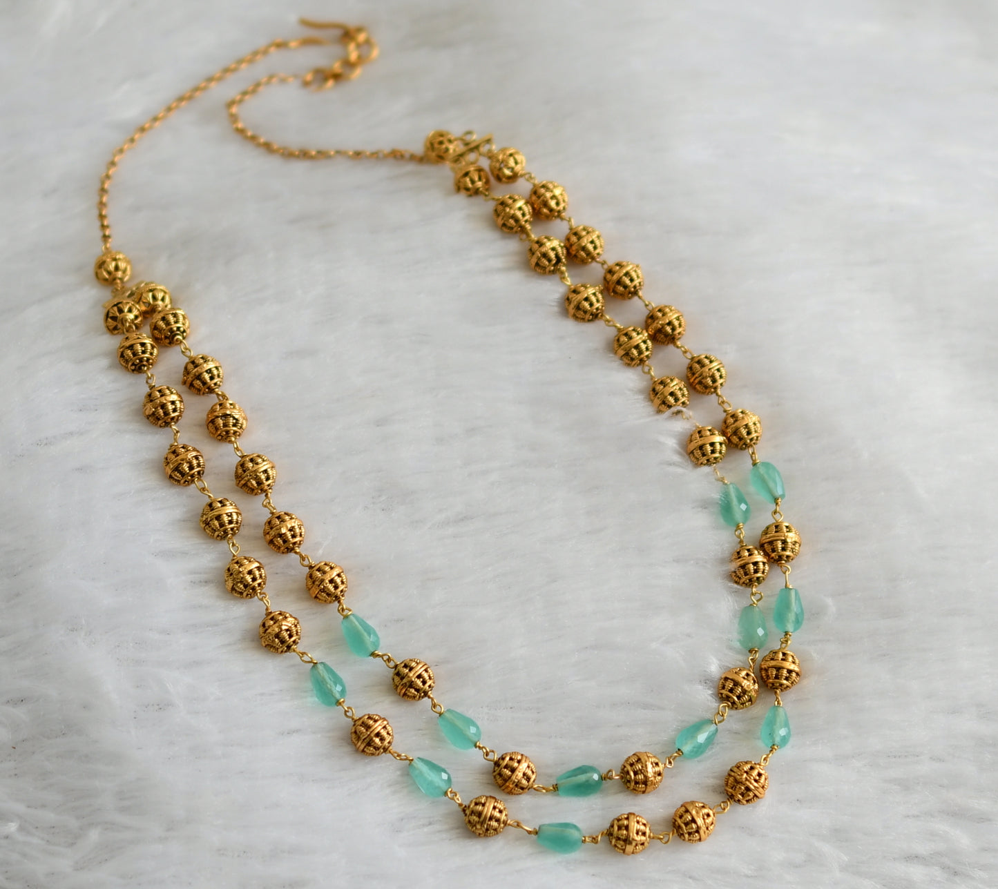 Antique gold tone sea green beaded double layer mala dj-46834