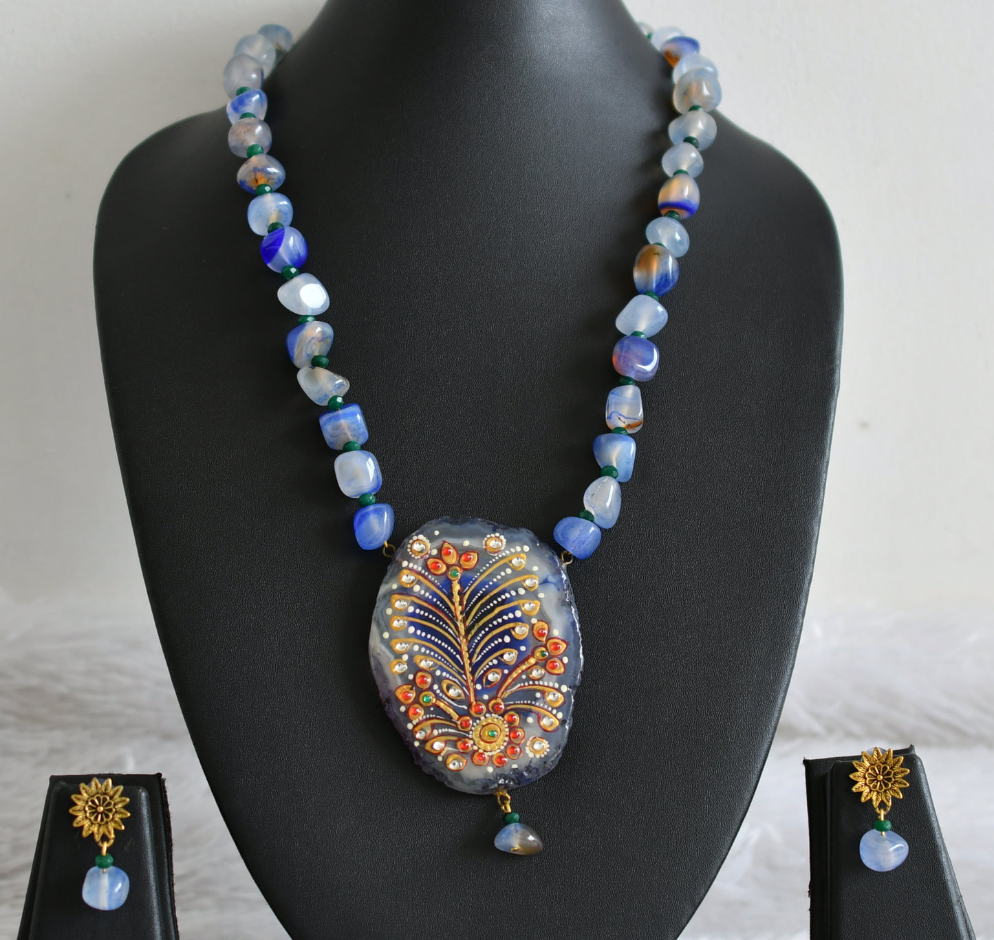 Hand painted flower sliced agate pendant with blue-green onyx beaded necklace set dj-48593