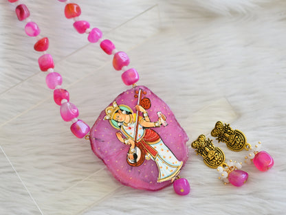 Hand painted saraswathi sliced agate pendant with pink-white onyx beads necklace set dj-45189