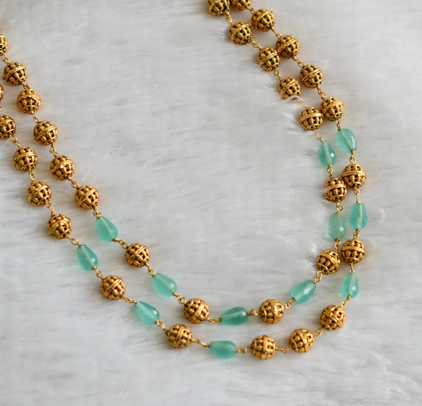 Antique gold tone sea green beaded double layer mala dj-46834