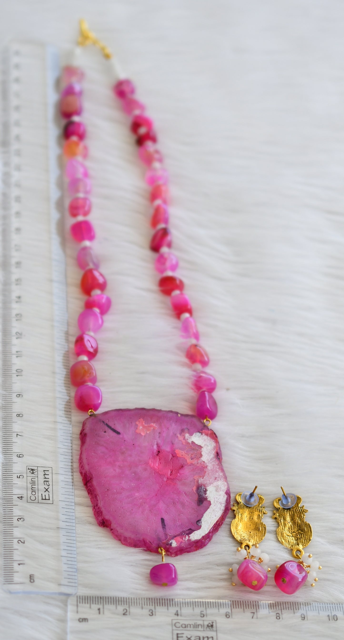 Hand painted saraswathi sliced agate pendant with pink-white onyx beads necklace set dj-45189