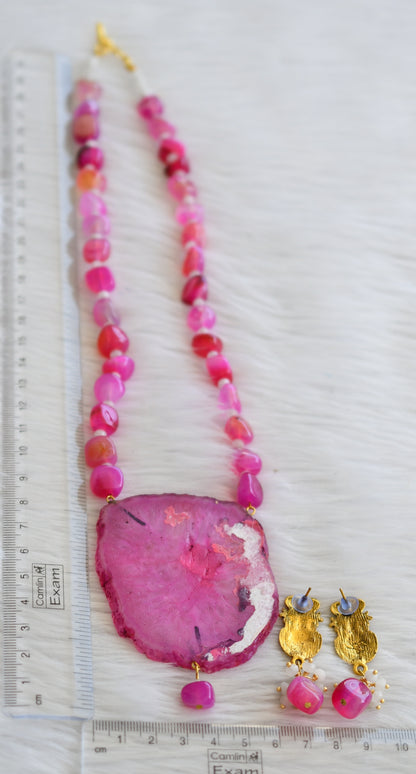 Hand painted saraswathi sliced agate pendant with pink-white onyx beads necklace set dj-45189