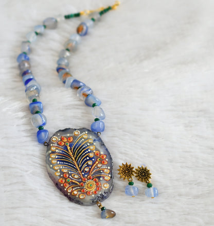 Hand painted flower sliced agate pendant with blue-green onyx beaded necklace set dj-48593