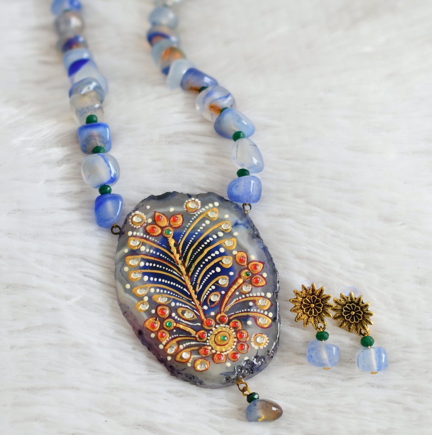 Hand painted flower sliced agate pendant with blue-green onyx beaded necklace set dj-48593