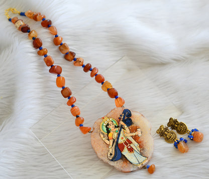 Hand painted saraswathi sliced agate pendant with orange-blue onyx beads necklace set dj-45185