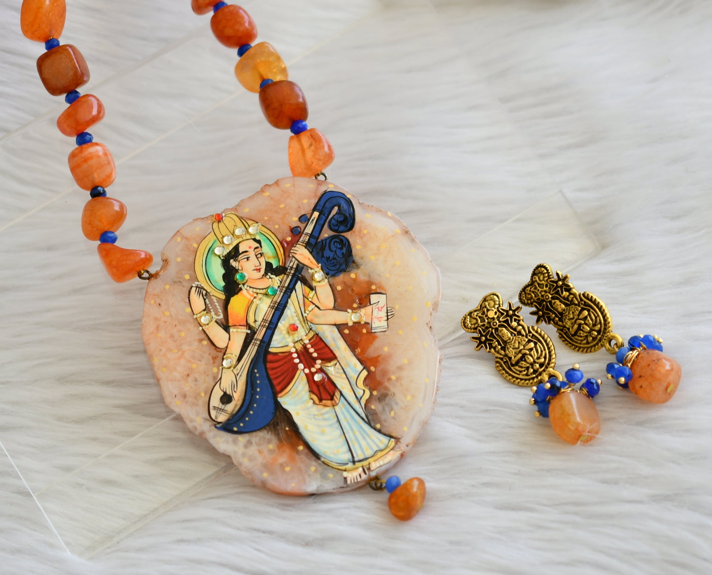 Hand painted saraswathi sliced agate pendant with orange-blue onyx beads necklace set dj-45185