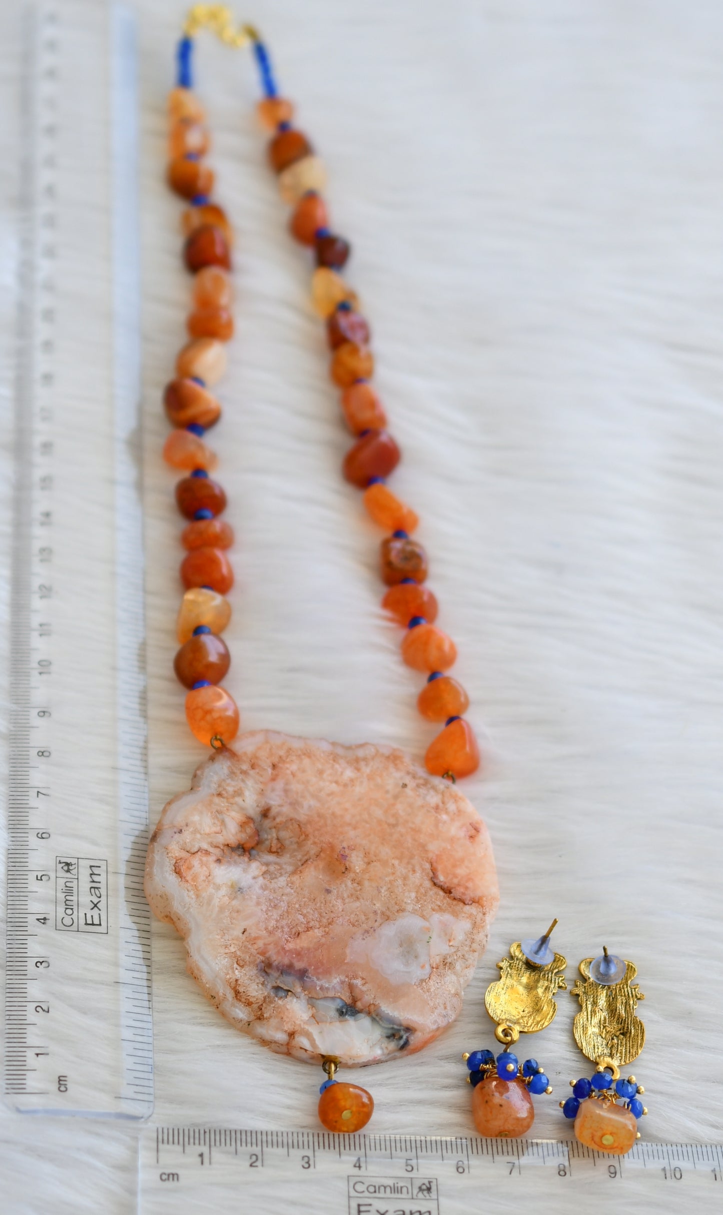 Hand painted saraswathi sliced agate pendant with orange-blue onyx beads necklace set dj-45185