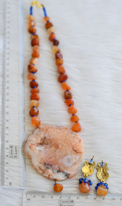 Hand painted saraswathi sliced agate pendant with orange-blue onyx beads necklace set dj-45185