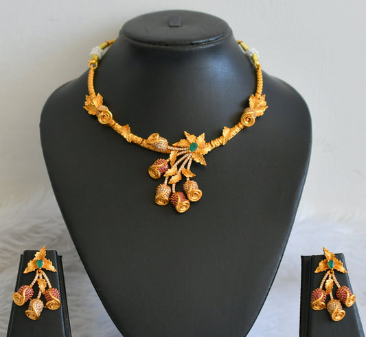 Matte finish cz ruby-green-white rose bud kante necklace set dj-30485