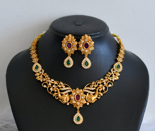 Matte finish cz ruby-green elephant necklace set dj-30488