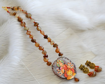 Hand painted ma shakti sliced agate pendant with brown-white-orange onyx beads necklace set dj-45175