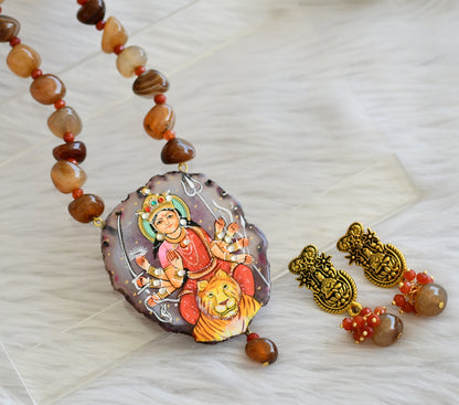 Hand painted ma shakti sliced agate pendant with brown-white-orange onyx beads necklace set dj-45175