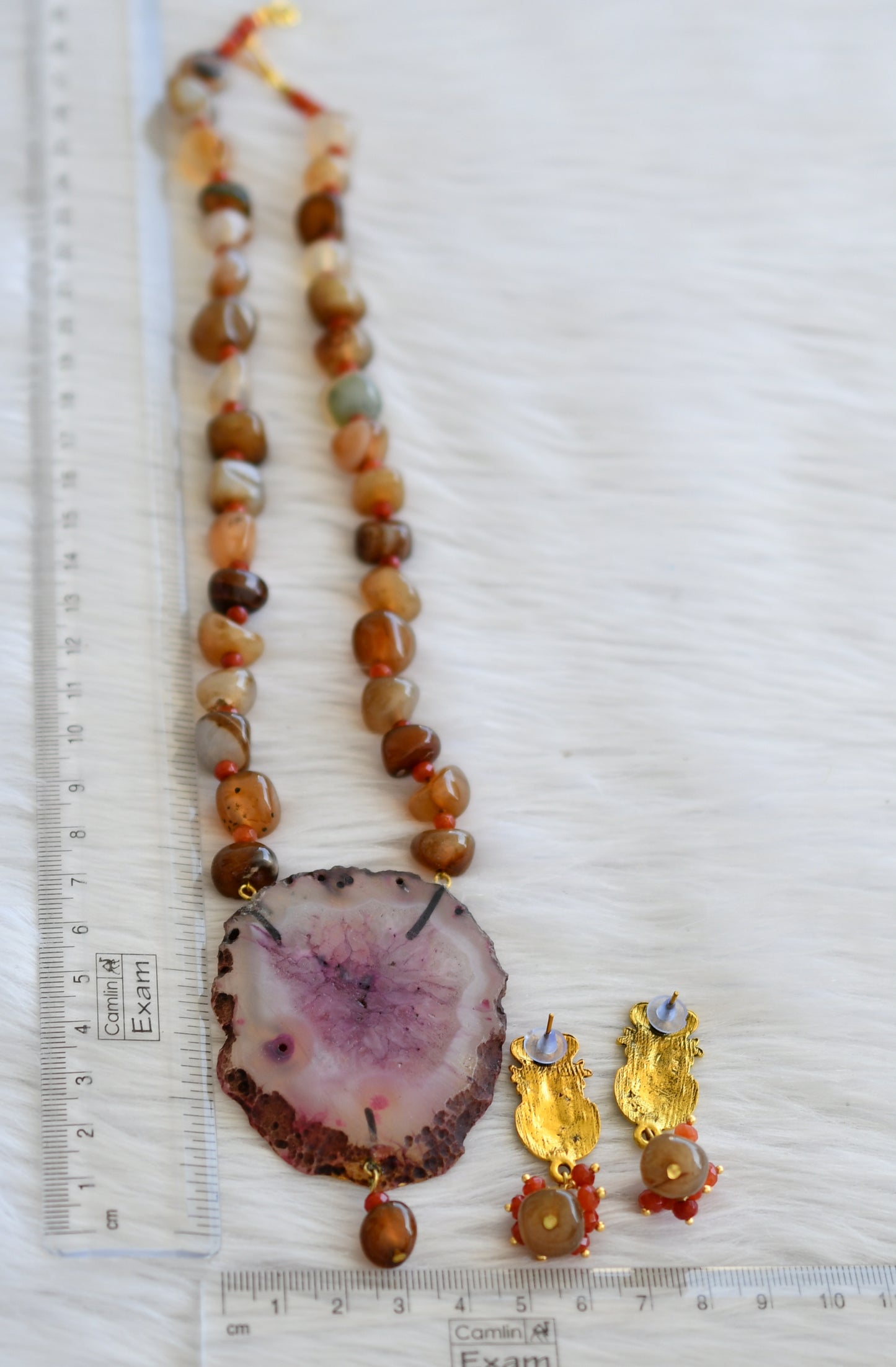 Hand painted ma shakti sliced agate pendant with brown-white-orange onyx beads necklace set dj-45175