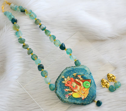 Hand painted ganesha sliced agate pendant with blue-yellow onyx beads necklace set dj-45196