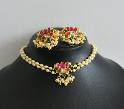 Gold tone green-pink-white kundan jadau pearl Lotus choker necklace set dj-40621