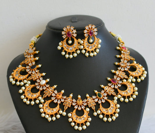 Matte Finish Cz Navarathna pearl bali necklace set dj-30630
