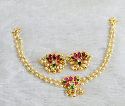 Gold tone green-pink-white kundan jadau pearl Lotus choker necklace set dj-40621