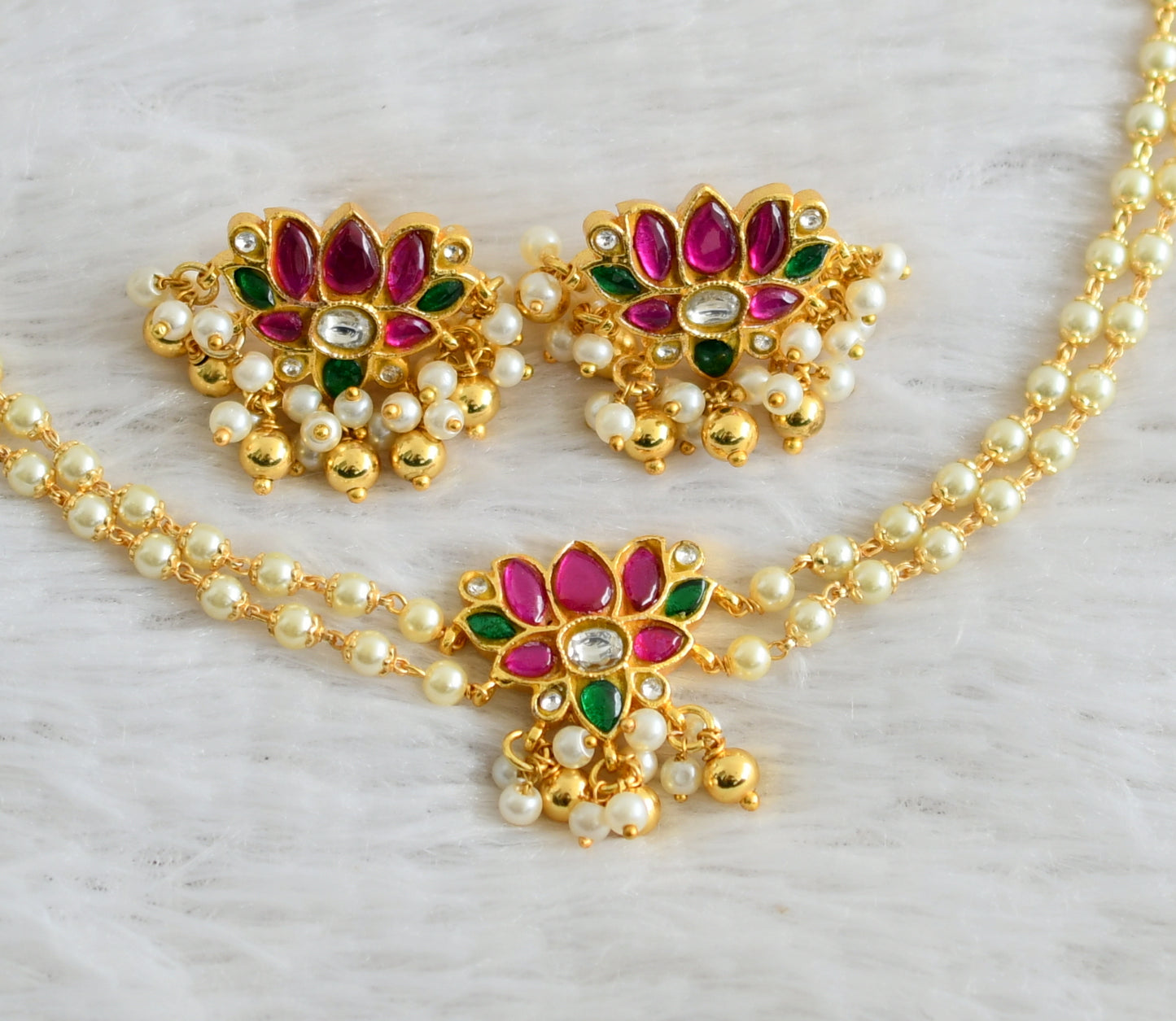 Gold tone green-pink-white kundan jadau pearl Lotus choker necklace set dj-40621