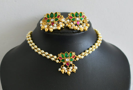 Gold tone pink-green-white kundan jadau pearl Lotus choker necklace set dj-40620