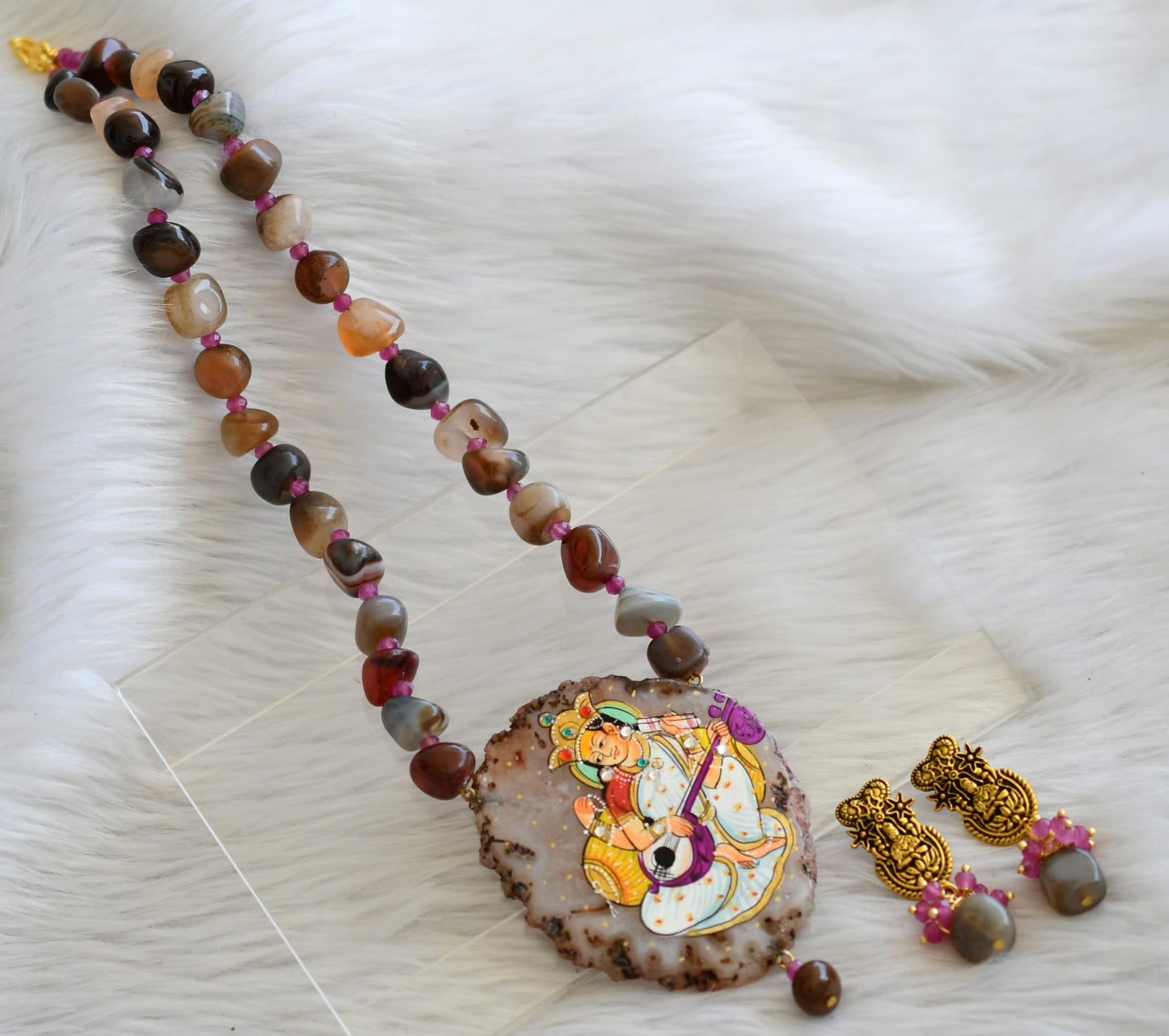 Hand painted saraswathi sliced agate pendant with brown-white-purple onyx beads necklace set dj-45188