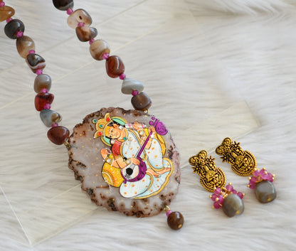 Hand painted saraswathi sliced agate pendant with brown-white-purple onyx beads necklace set dj-45188