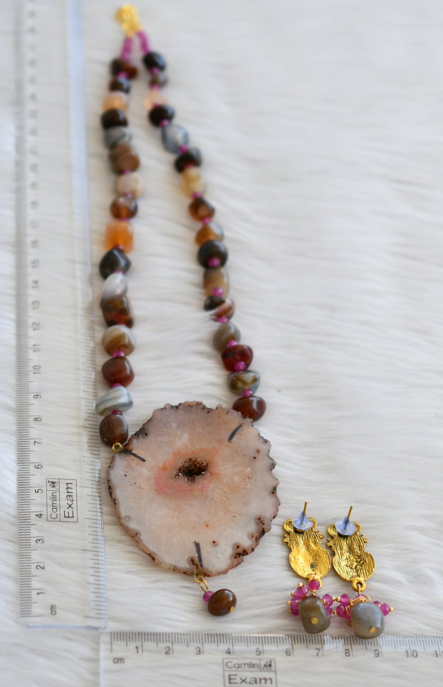 Hand painted saraswathi sliced agate pendant with brown-white-purple onyx beads necklace set dj-45188