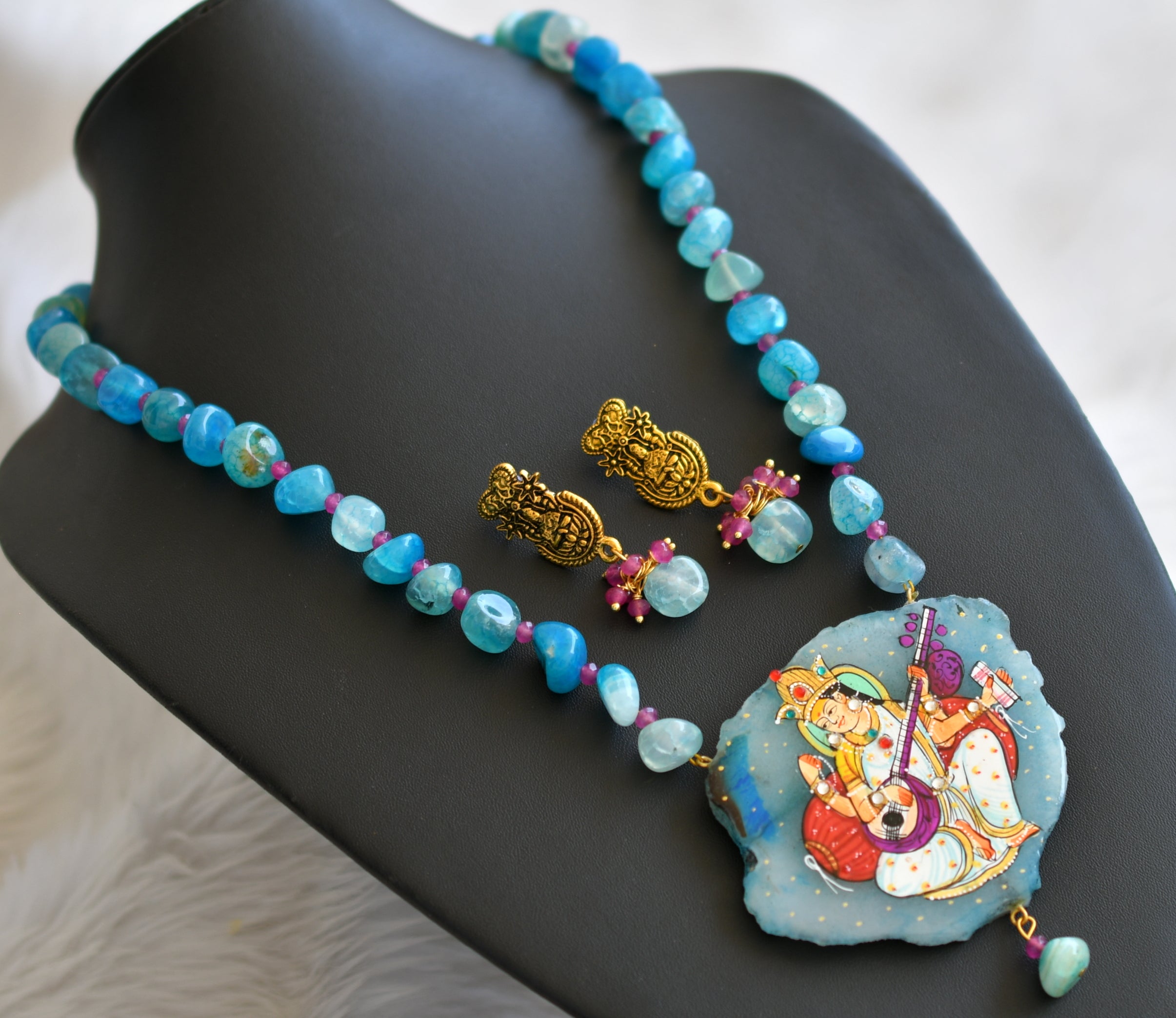 Agate and quartz statement indian bead necklace/semi precious necklace/light blue quartz/hot pink agate/indian selling beaded necklace/side pendant