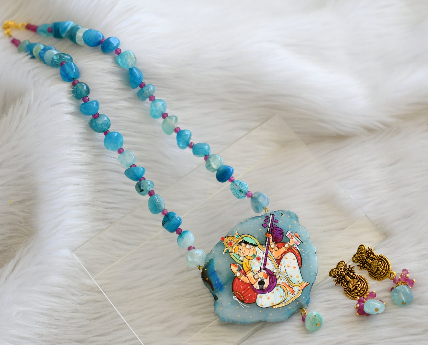 Hand painted saraswathi sliced agate pendant with blue-purple onyx beads necklace set dj-45186