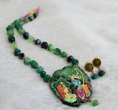 Hand painted ram-sita sliced agate pendant with green-pink onyx beaded necklace set dj-46842