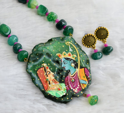 Hand painted ram-sita sliced agate pendant with green-pink onyx beaded necklace set dj-46842