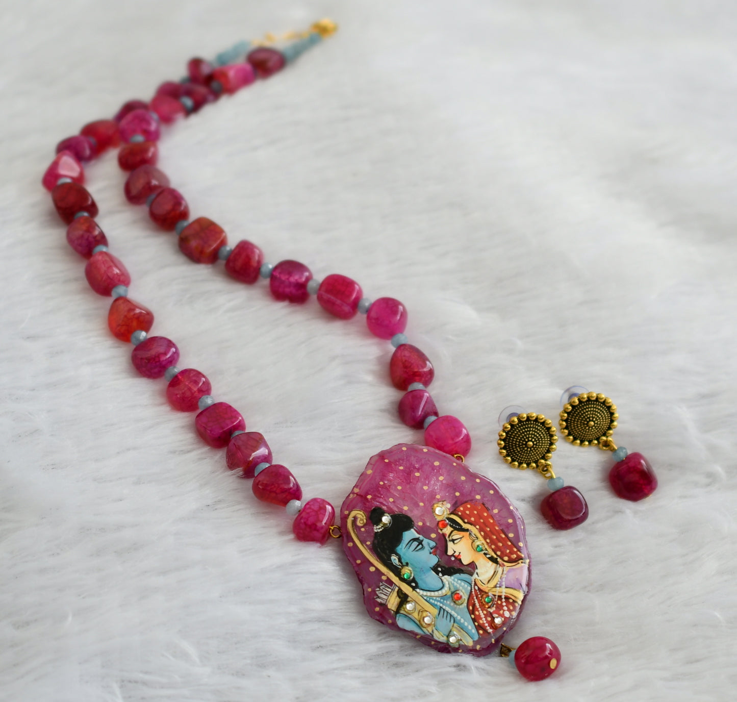 Hand painted ram-sita sliced agate pendant with pink-grey onyx beaded necklace set dj-46843