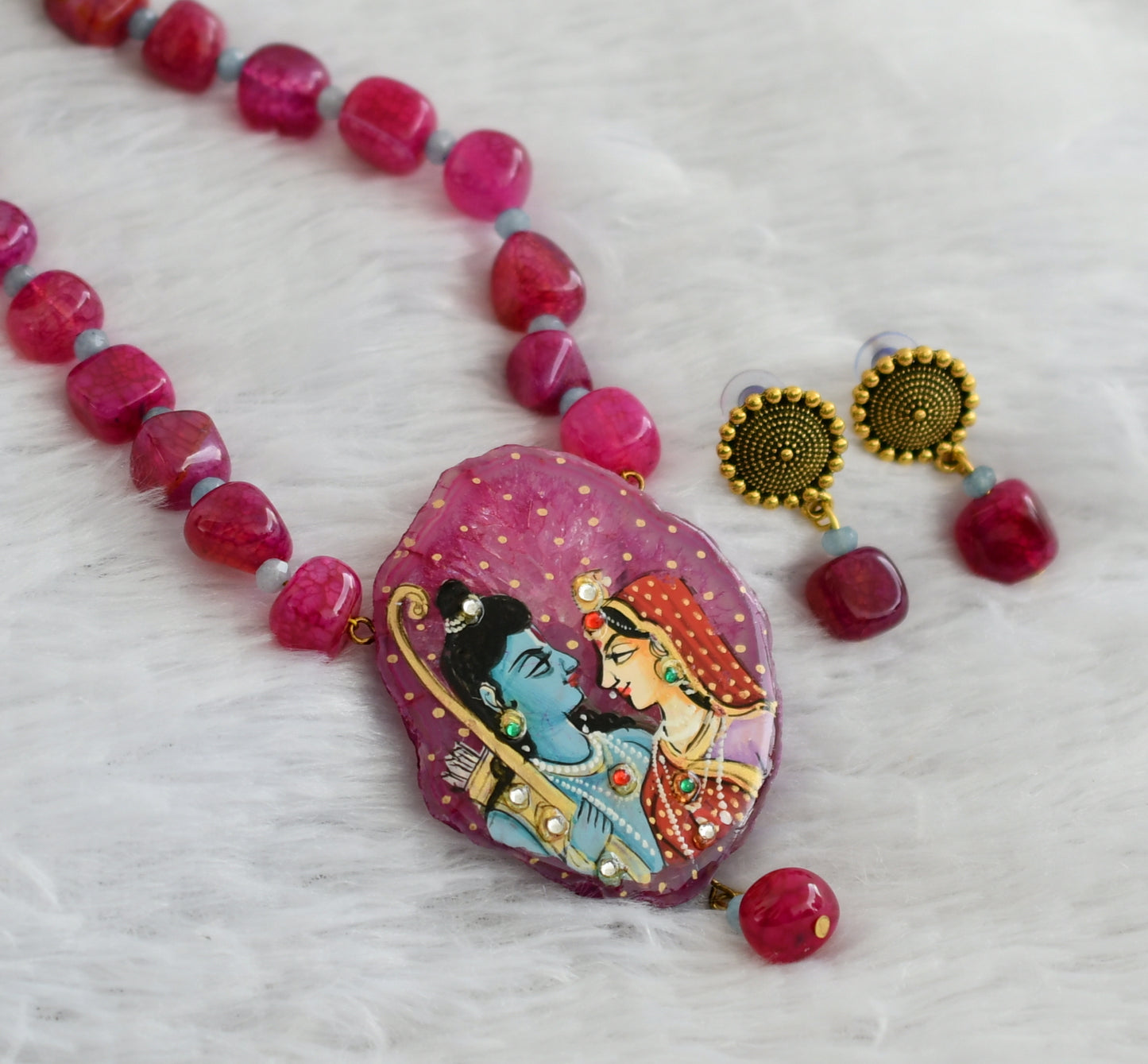 Hand painted ram-sita sliced agate pendant with pink-grey onyx beaded necklace set dj-46843