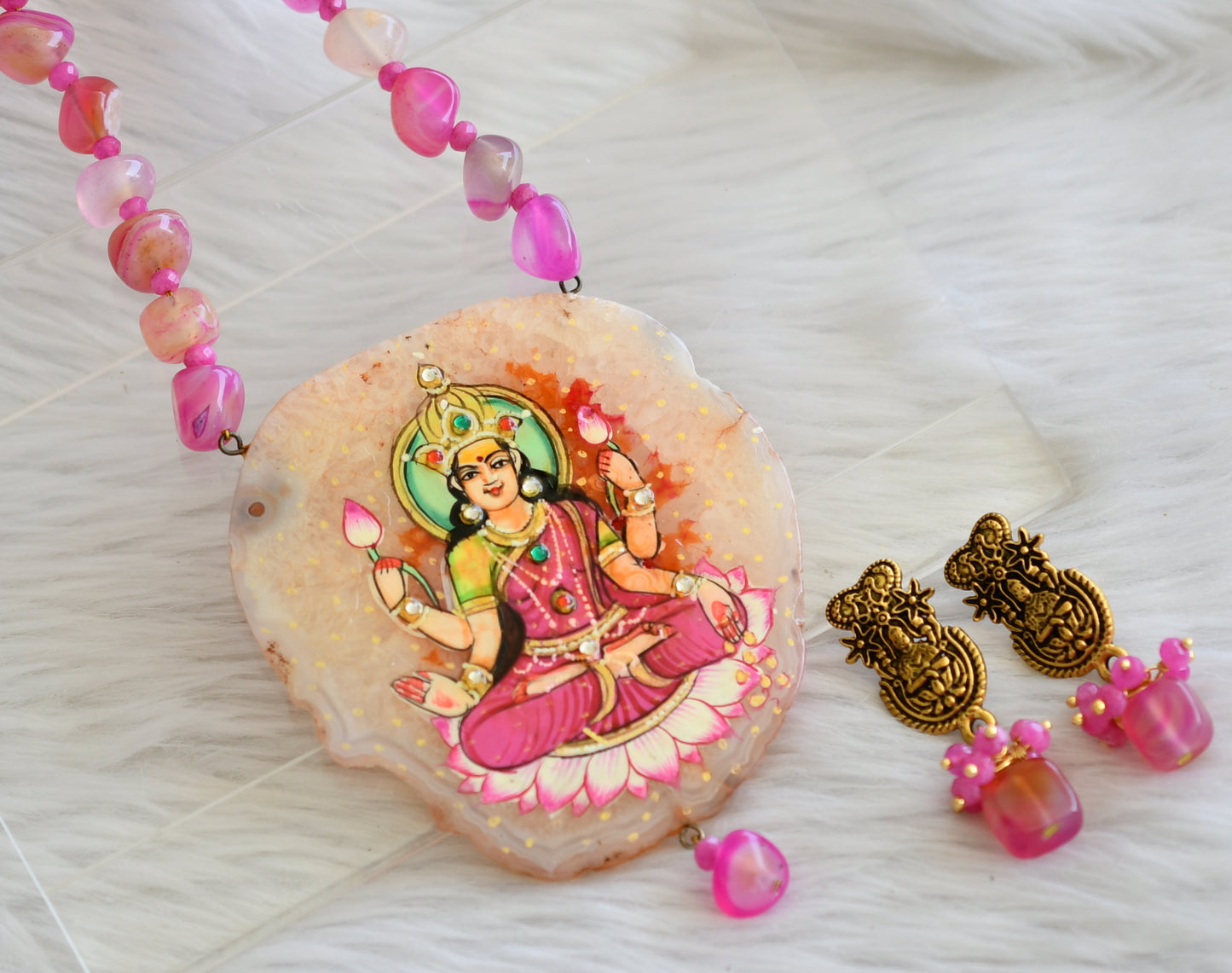 Hand painted lakshmi sliced agate pendant with pink onyx beads necklace set dj-45178