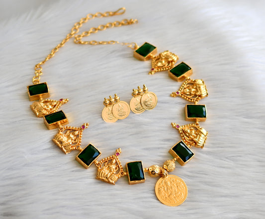 Gold tone pink-green block stone lakshmi coin necklace set dj-43555