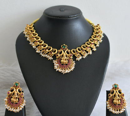 Matte finish ruby-green peacock-Lakshmi pearl necklace set dj-32426