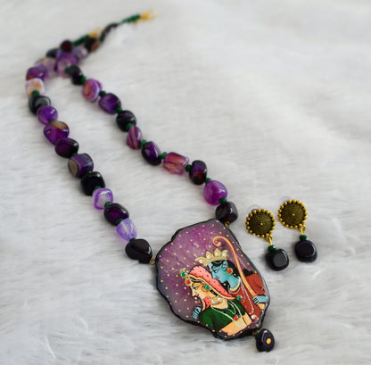 Hand painted ram-sita sliced agate pendant with purple-green onyx beaded necklace set dj-46844