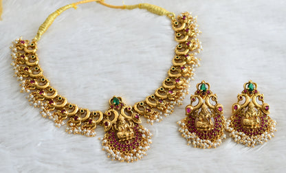 Matte finish ruby-green peacock-Lakshmi pearl necklace set dj-32426