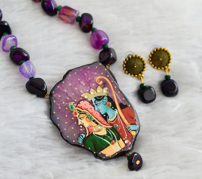 Hand painted ram-sita sliced agate pendant with purple-green onyx beaded necklace set dj-46844