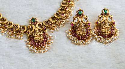 Matte finish ruby-green peacock-Lakshmi pearl necklace set dj-32426