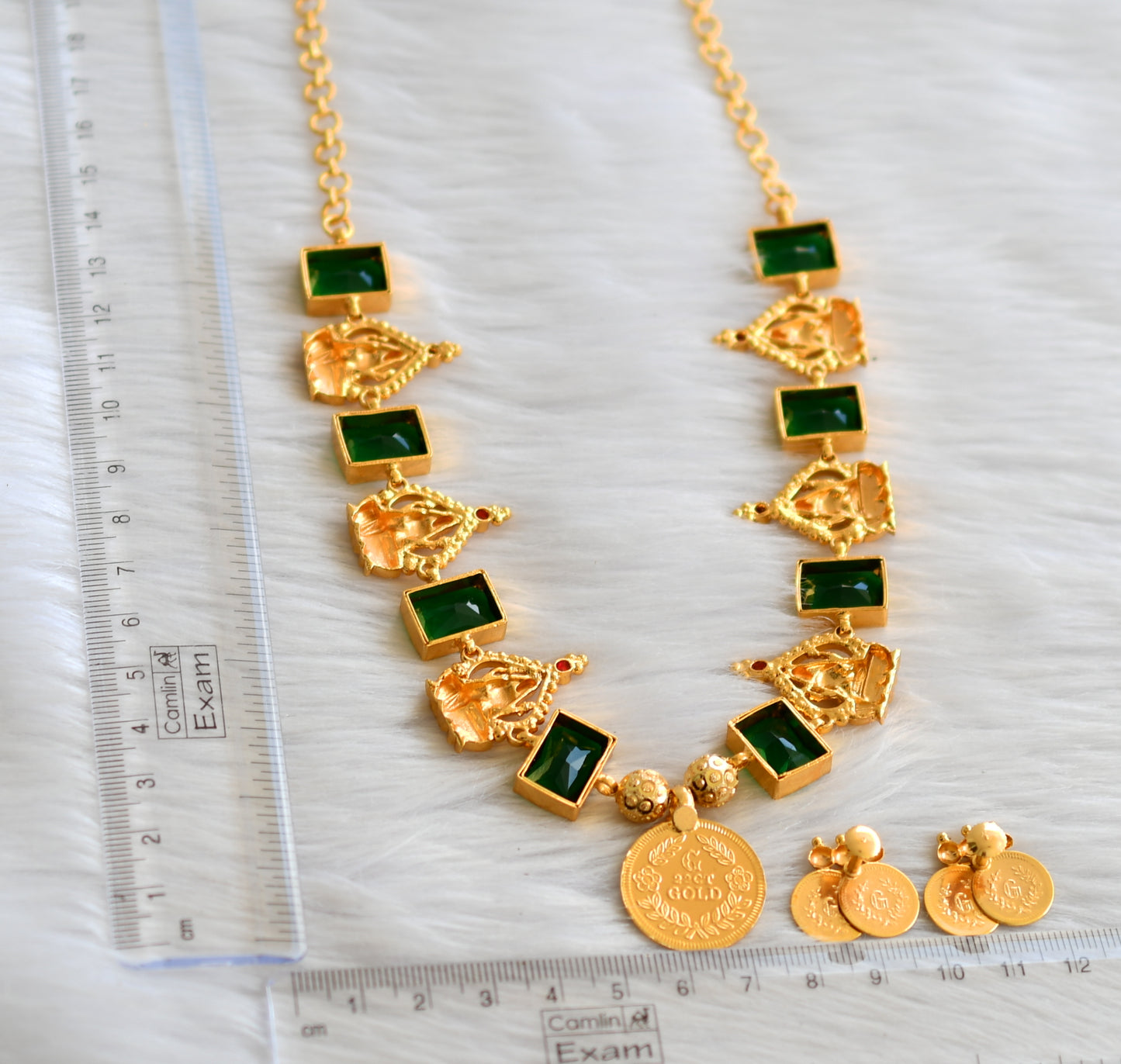 Gold tone pink-green block stone lakshmi coin necklace set dj-43555