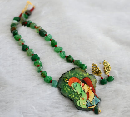 Hand painted radha-krishna sliced agate pendant with green-red onyx beaded necklace set dj-46849